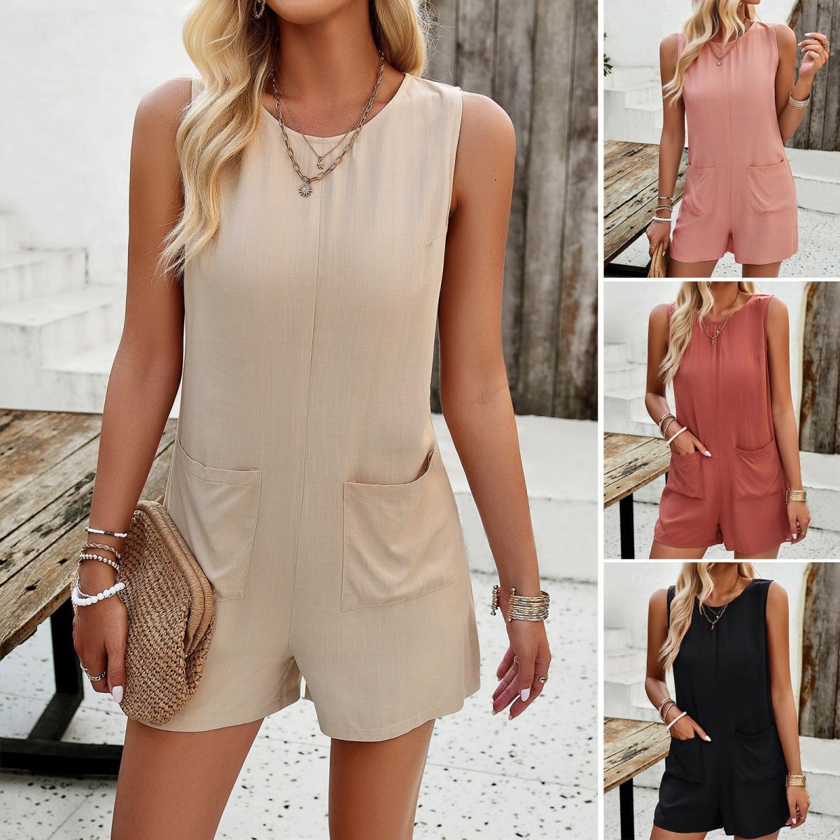Spring Summer Casual Solid Color Romper in Jumpsuits & Rompers