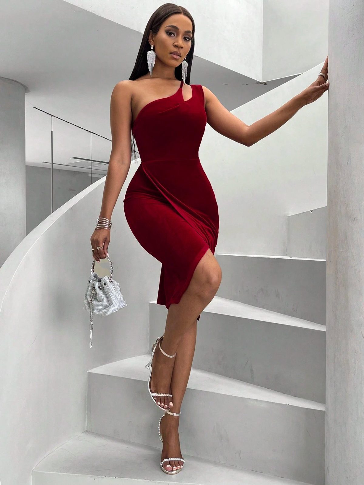 Sexy Velvet Slim Fit Slimming One Shoulder Hip Dress in Dresses