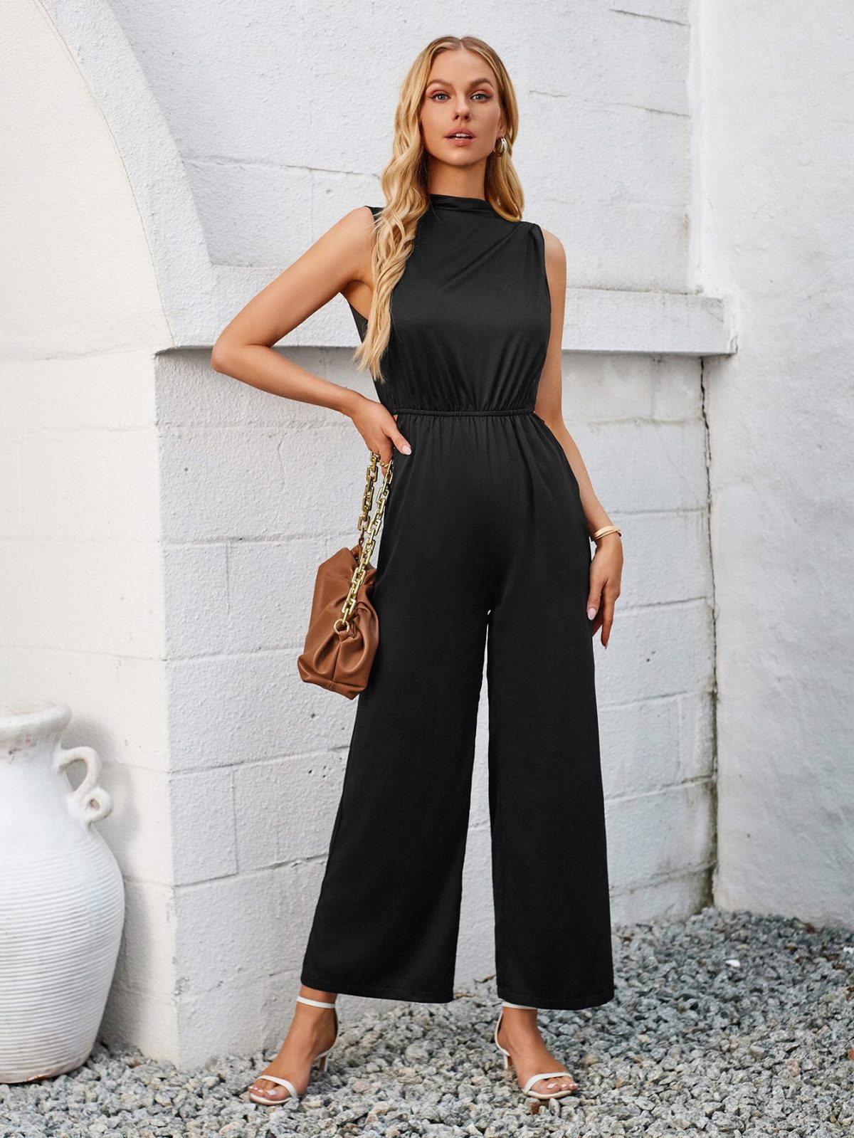 Pile Collar Solid Color Hollow Out Cutout Jumpsuit in Jumpsuits & Rompers