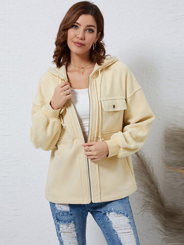 Solid Color Loose Zip Pocket Drawstring Long Sleeve Jacket Sweatshirt in Hoodies & Sweatshirts
