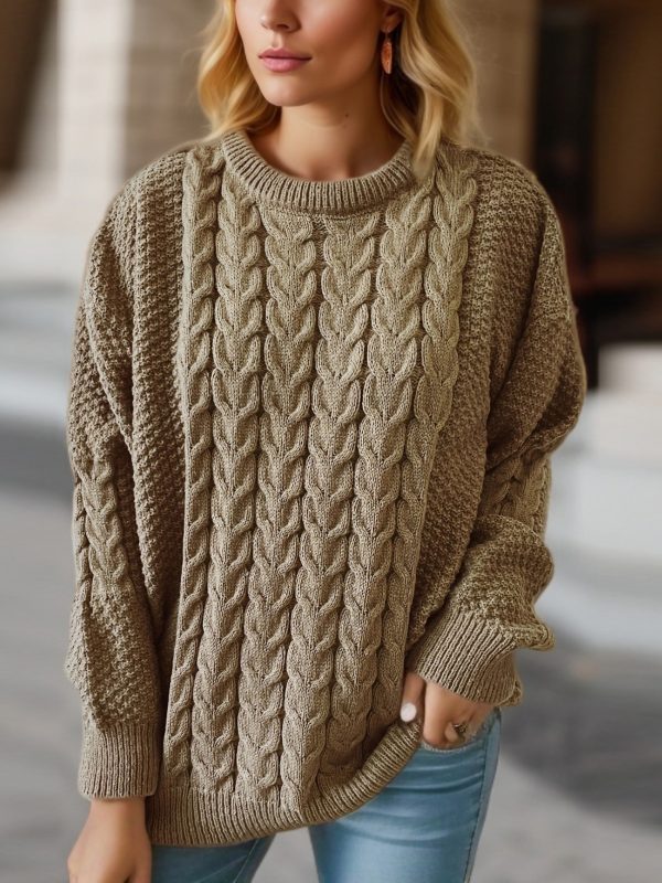 Retro Round Neck Long Sleeve Knitted Thick Needle Twist Loose Sweater in Sweaters