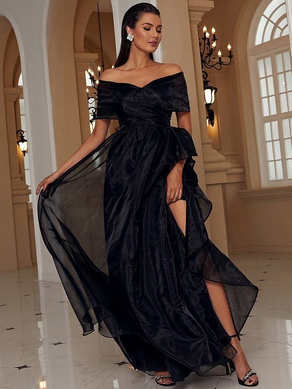Black Off-The-Shoulder Low-Cut Mesh Stitching Princess Elegant High-End Evening Dress in Dresses