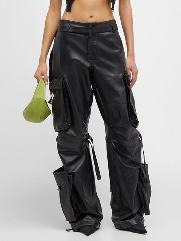 Multi Pocket Faux Leather High Waist Straight Leg Pants in Pants
