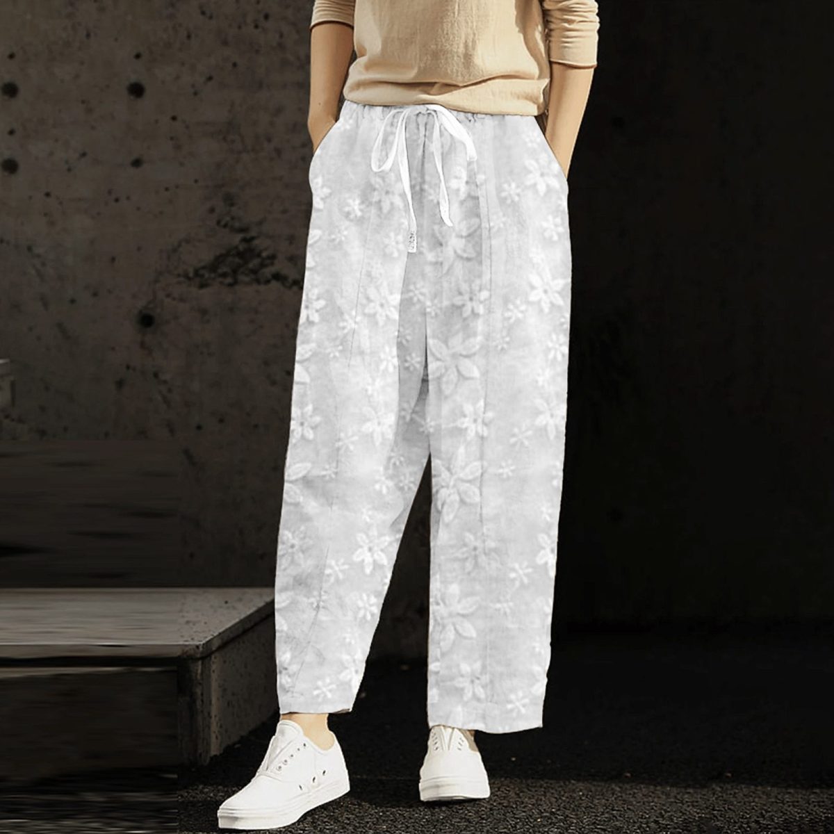 Cotton Linen Embroidery Cropped Elastic Waist Pants in Pants