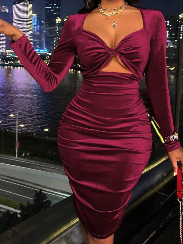 Elegant Sexy Deep V Plunge Neck Hollow Out Cutout Slim Fit Slimming Party Hip Dress in Dresses