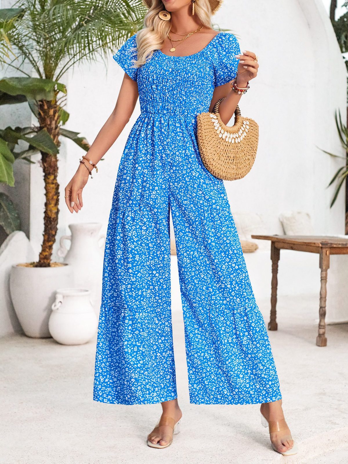 Printed Round Neck Smocking Jumpsuit in Jumpsuits & Rompers