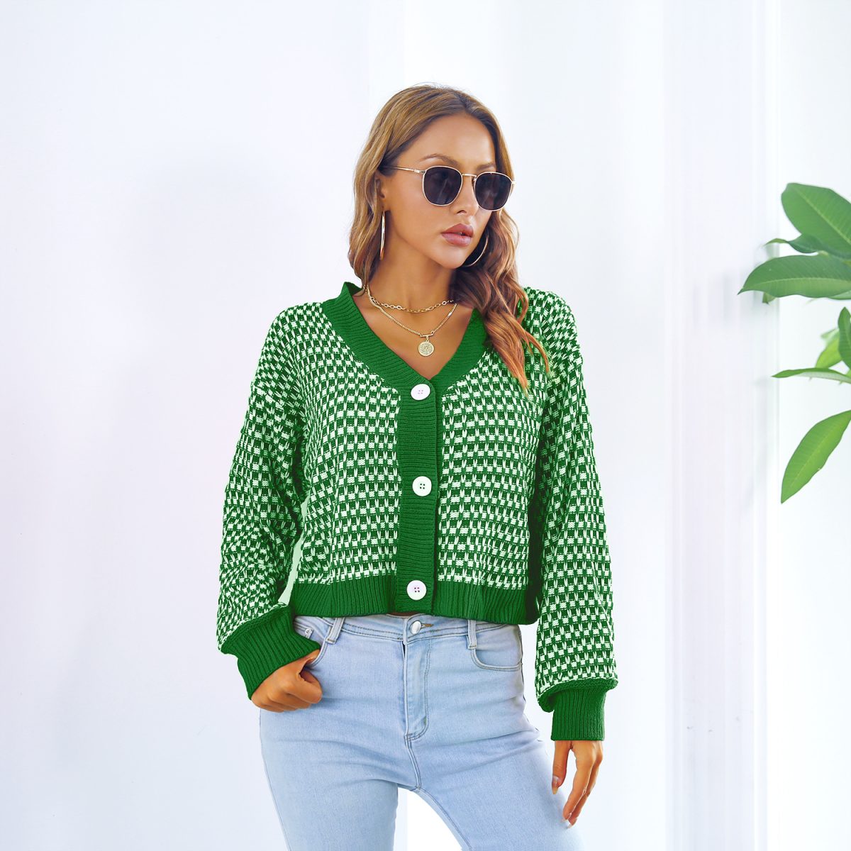Plaid Lantern Sleeve Cardigan Sweater in Sweaters