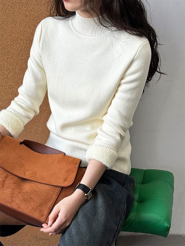 Single Layer Fleece Lined Knitted Bottoming Mink Mock Neck Sweater in Sweaters