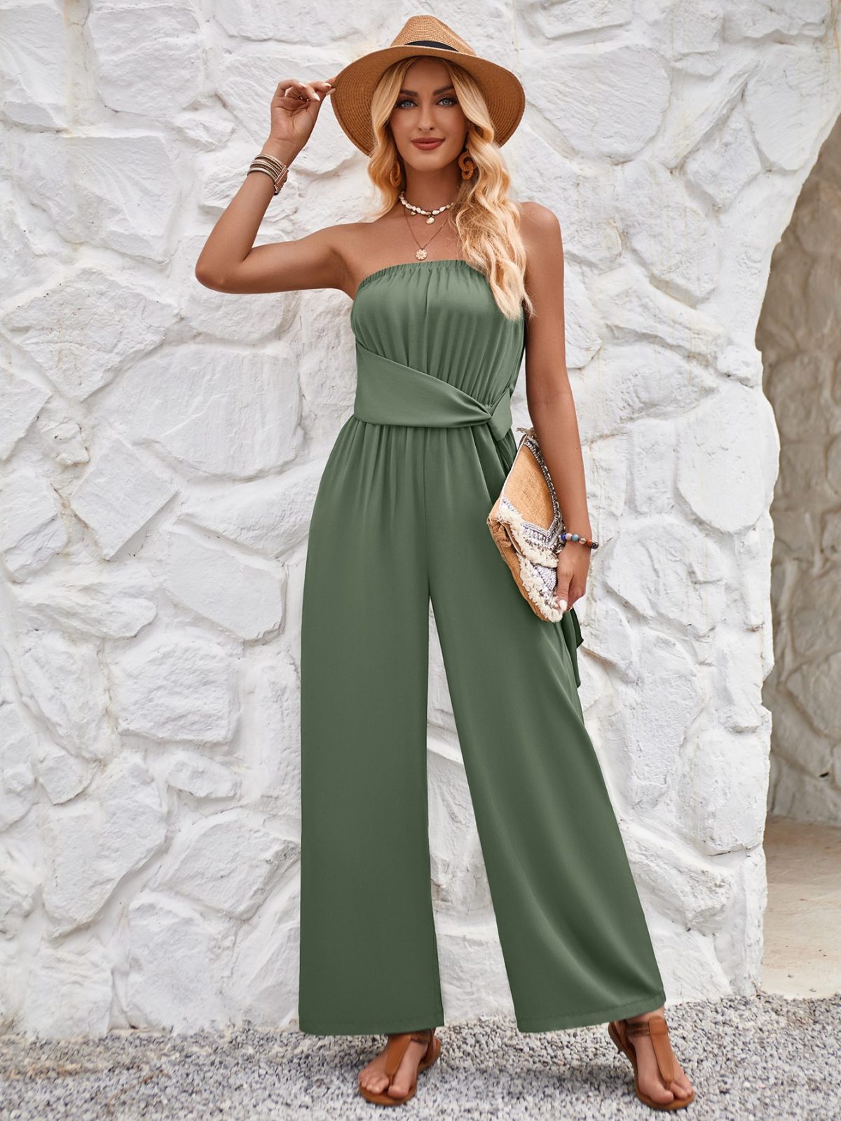Vacation Solid Color Tube Top Tie Waist Slim Fit Jumpsuit in Jumpsuits & Rompers