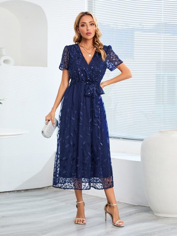 Embroidered Bright Yarn Mesh V Neck Mid Length Dress in Dresses