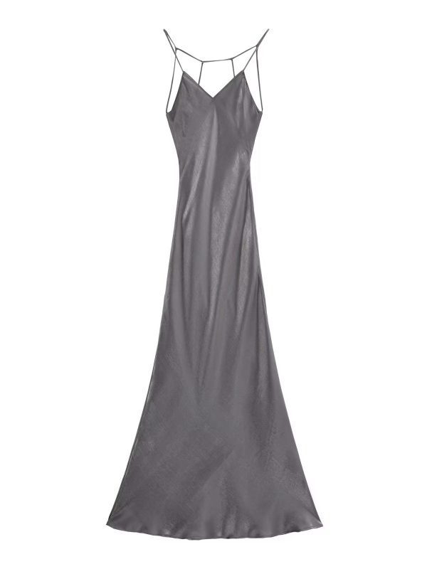 V Neck Backless Metal Foil Strap Dress in Dresses