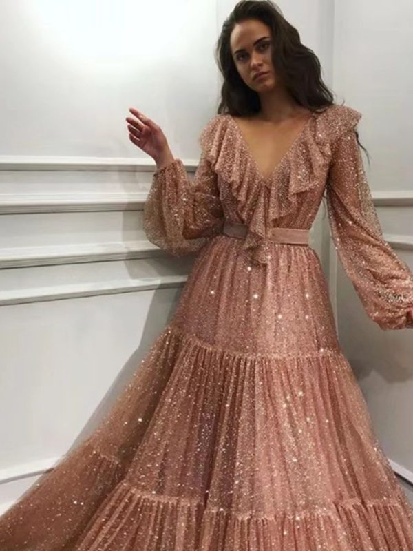 Sexy Long Sleeved V Neck Large Swing Maxi Dress in Dresses