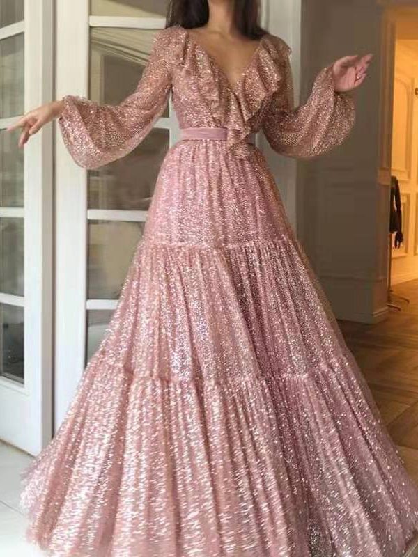 Sexy Long Sleeved V Neck Large Swing Maxi Dress in Dresses