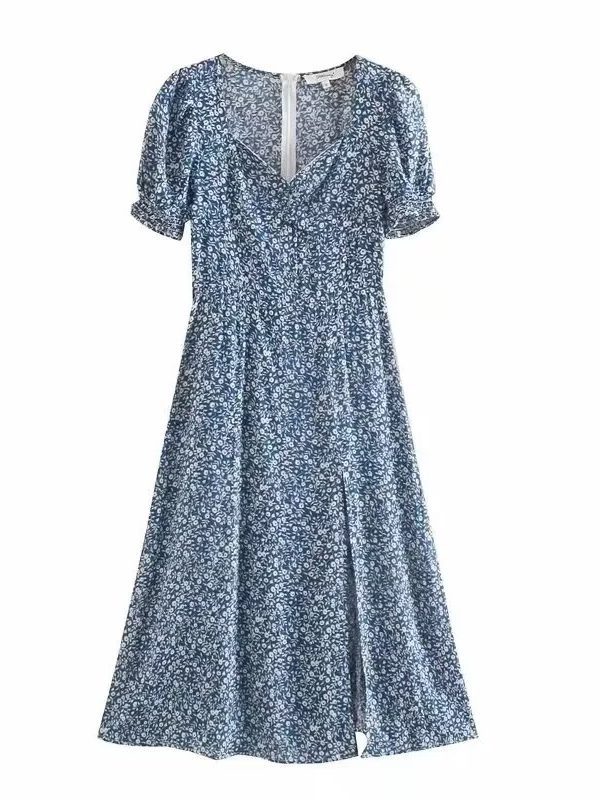 Cotton Printed Square Collar Split Dress in Dresses