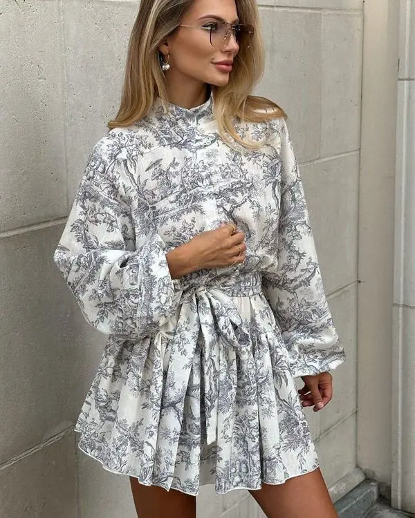 Printing Puff Sleeve Stand Up Collar Tie Retro A Line Dress in Dresses