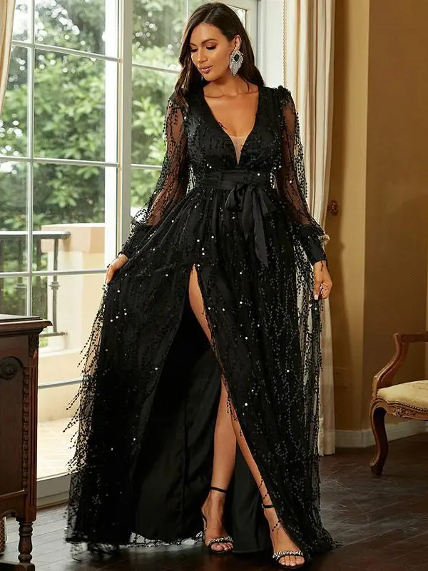 Slit Black V-Neck Long Sleeve Mesh Stitching Princess Elegant High-End Evening Dress in Evening Dresses