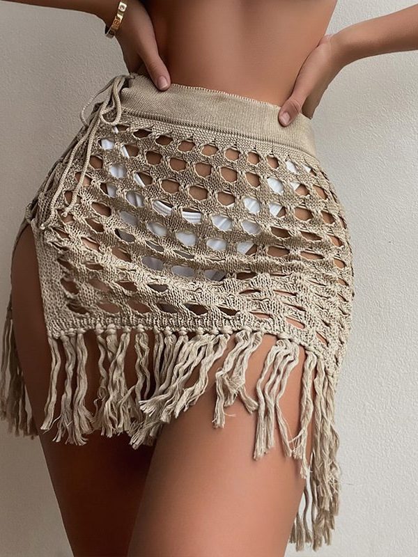 Sexy Vacation Sheer Cutout Knitted Split Tassel Beach Skirt in Swimsuits