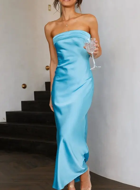 Elegant Satin Hollow Out Cutout Backless Tube Top Dress in Dresses