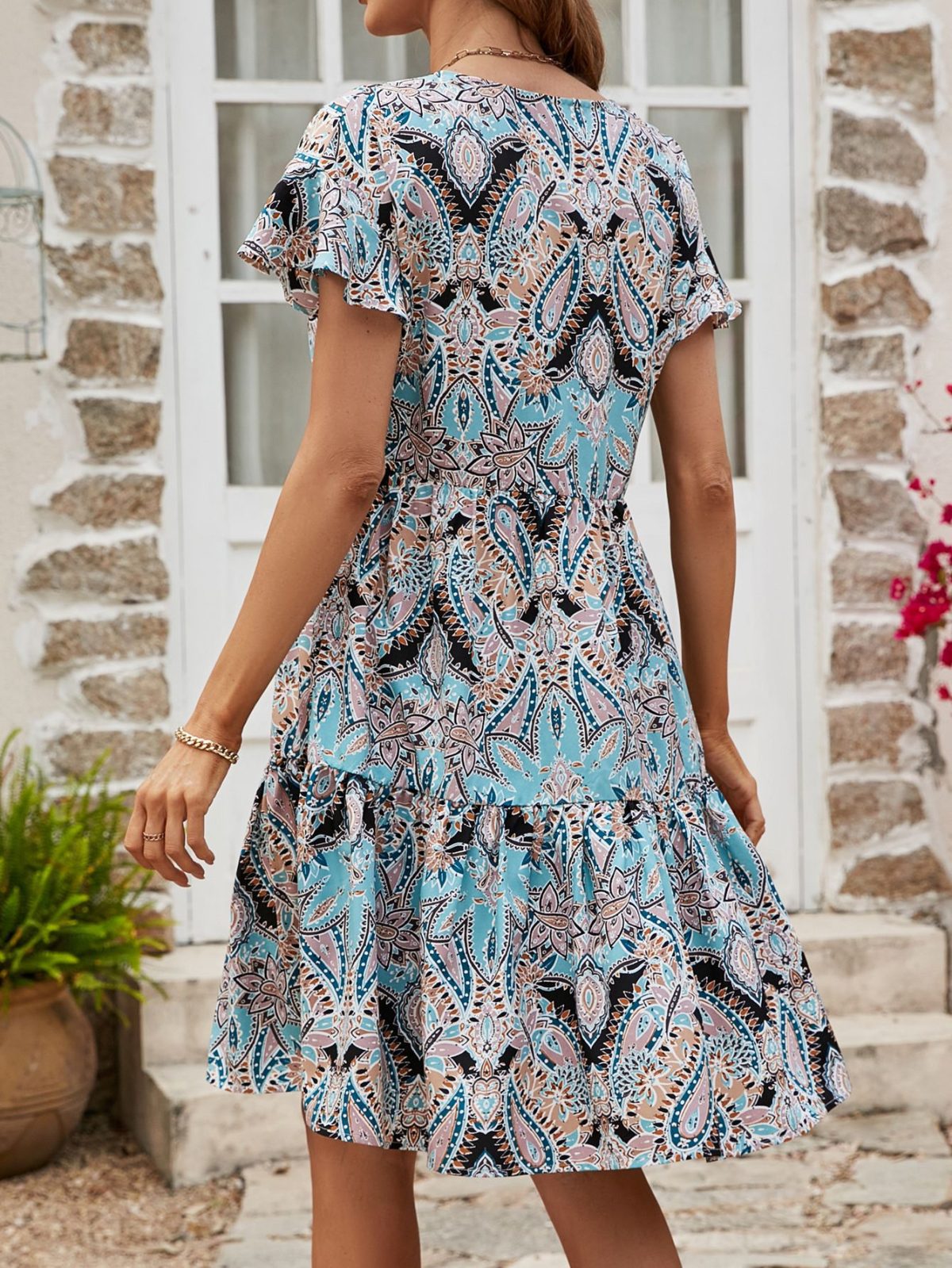 V Neck Ruffle Loose Casual Holiday Floral Print Dress in Dresses