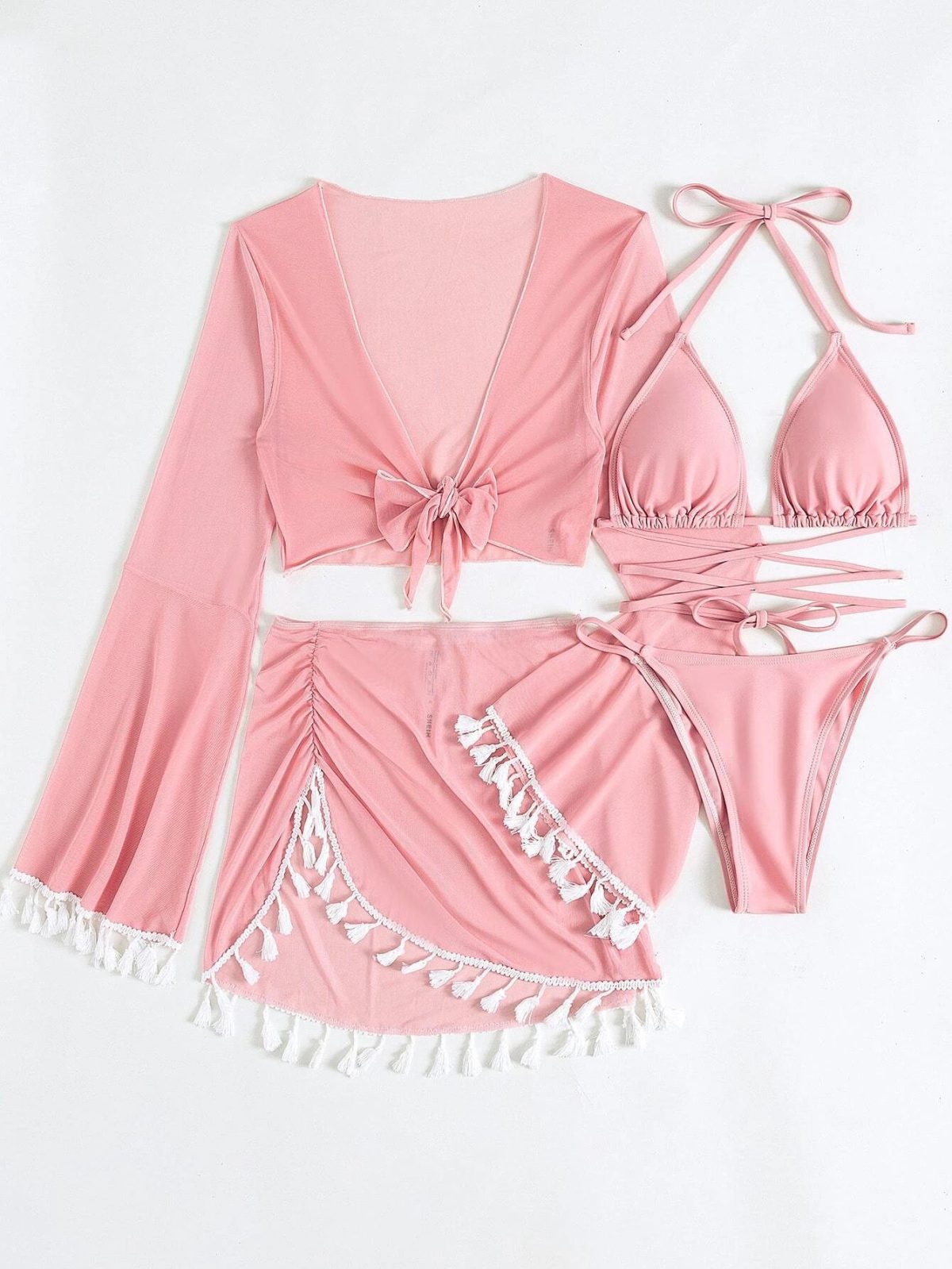 Three Or Four Piece Suit Solid Color Tassel Lace Up Long Sleeve Suit in Swimsuits