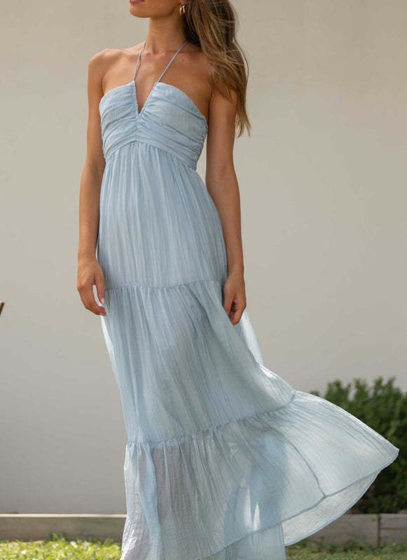Elegant Shoulder Baring Sleeveless V Neck Brace Long Stitching Dress in Dresses
