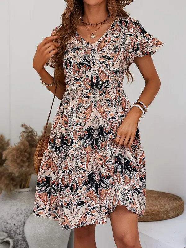 V Neck Ruffle Loose Casual Holiday Floral Print Dress in Dresses