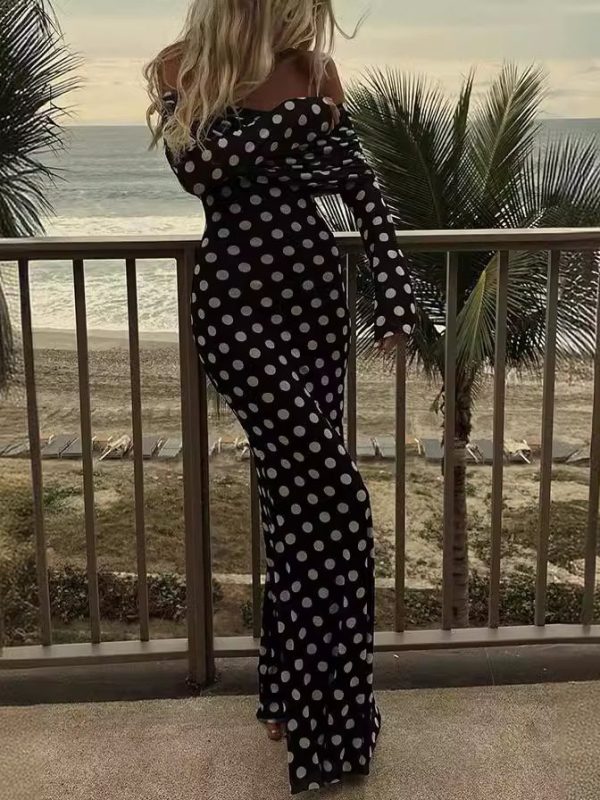 Gauze Polka Dot Stitching Off Shoulder Sexy Slim Dress in Dresses