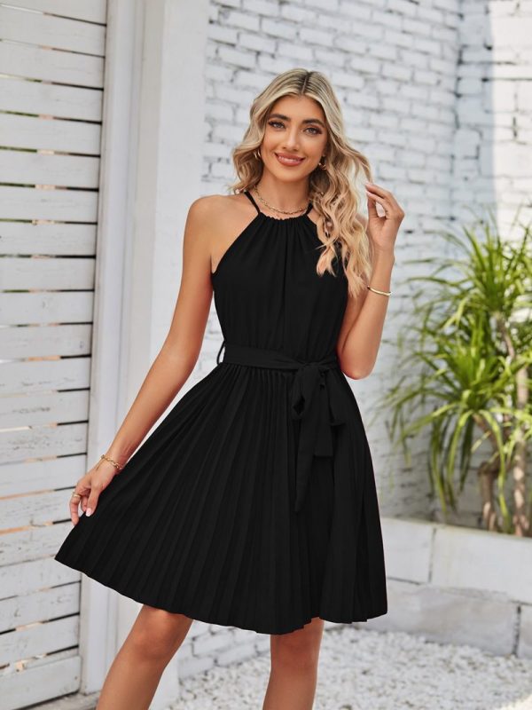 Halter Lace Up Sleeveless Pleated Mini Dress in Dresses