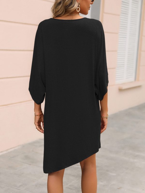 Round Neck Half Sleeve Mid Length Irregular Asymmetric Dress in Dresses