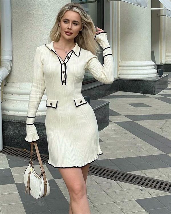 Slim Fit Graceful Long Sleeve Knitted Dress in Dresses