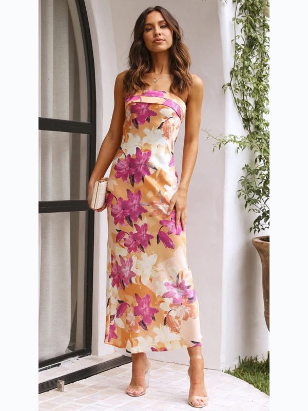 Sexy Floral Print Wrapped Chest Midi Dress in Dresses