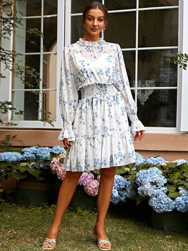 Round Neck Long Sleeve Chiffon Printed Dress in Dresses
