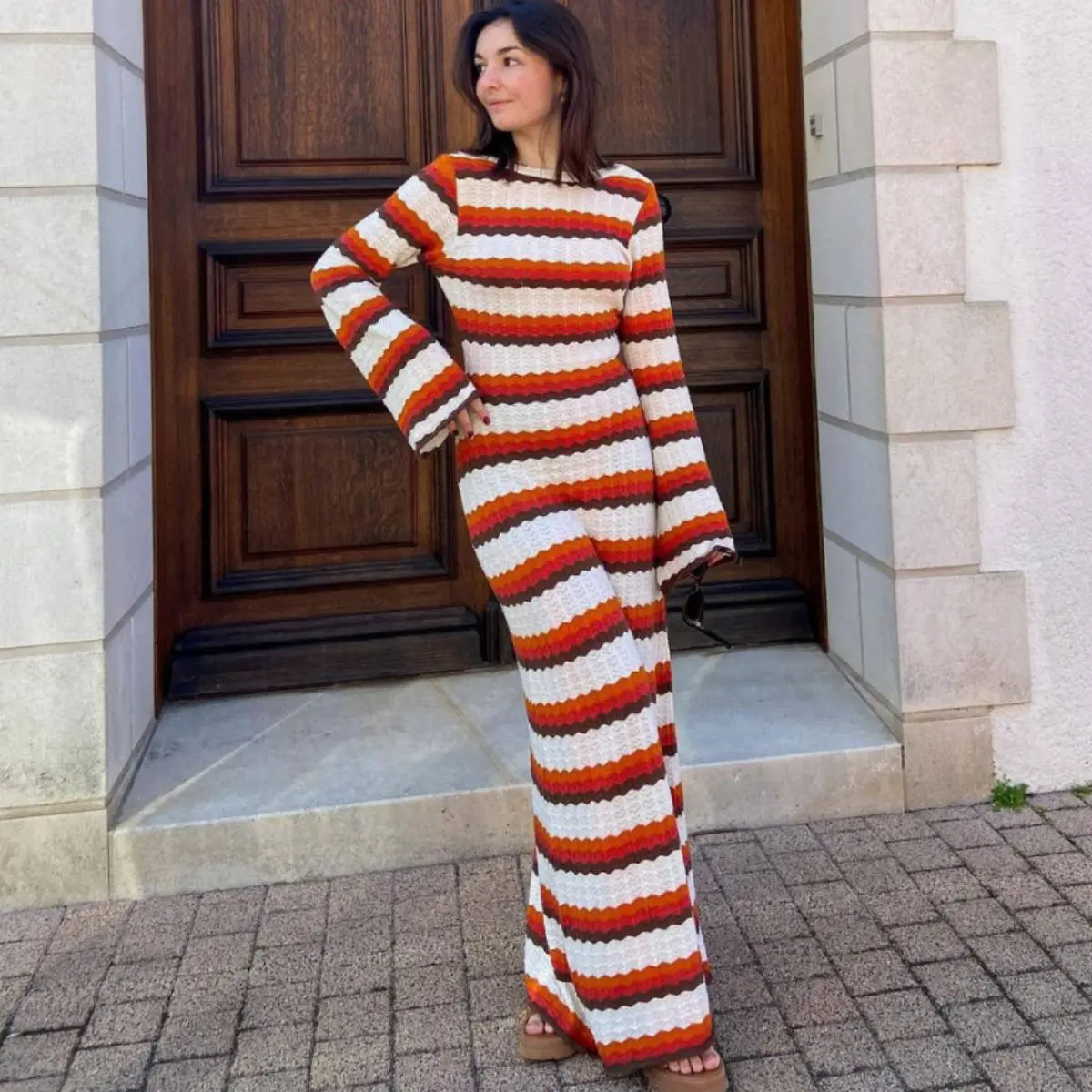 Striped Contrast Color Beach Vacation Sexy Knitted Hollow Out Cutout Maxi Dress in Dresses