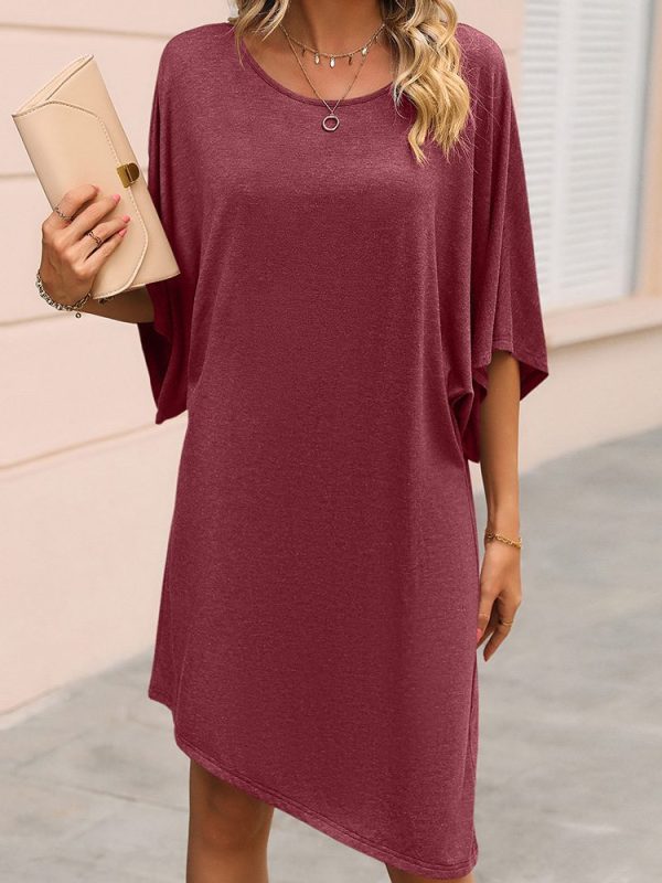 Round Neck Half Sleeve Mid Length Irregular Asymmetric Dress in Dresses