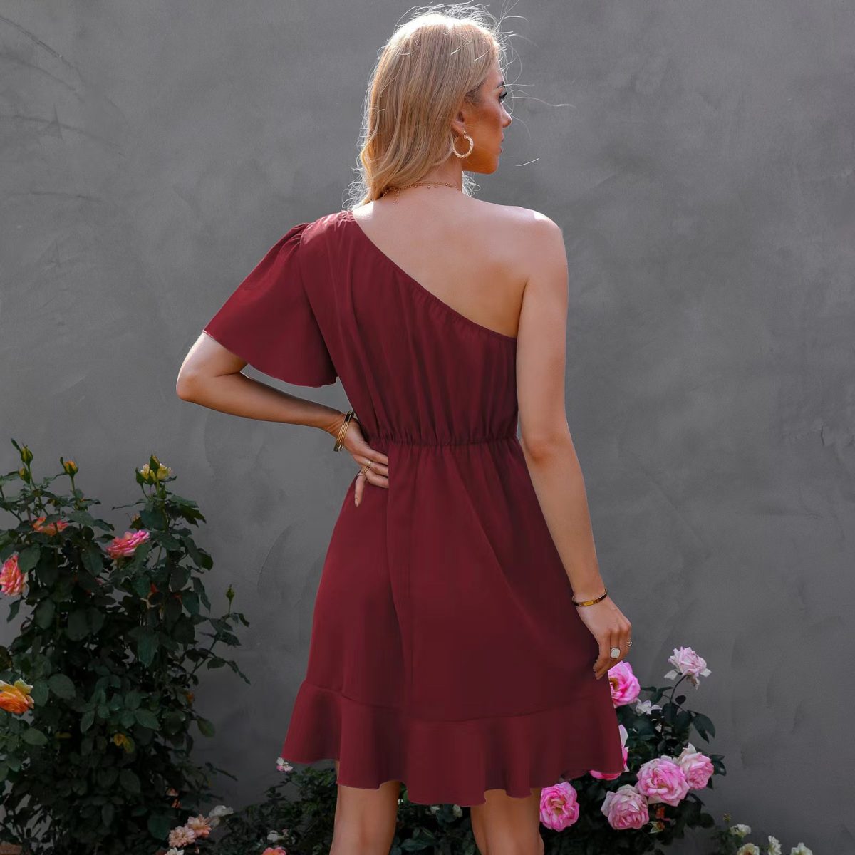 Single Side Sleeve Off Shoulder Ruffled Solid Color High Waist Off Shoulder Midi Dress in Dresses