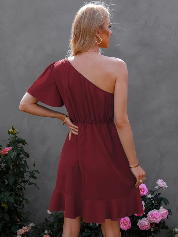 Single Side Sleeve Off Shoulder Ruffled Solid Color High Waist Off Shoulder Midi Dress in Dresses