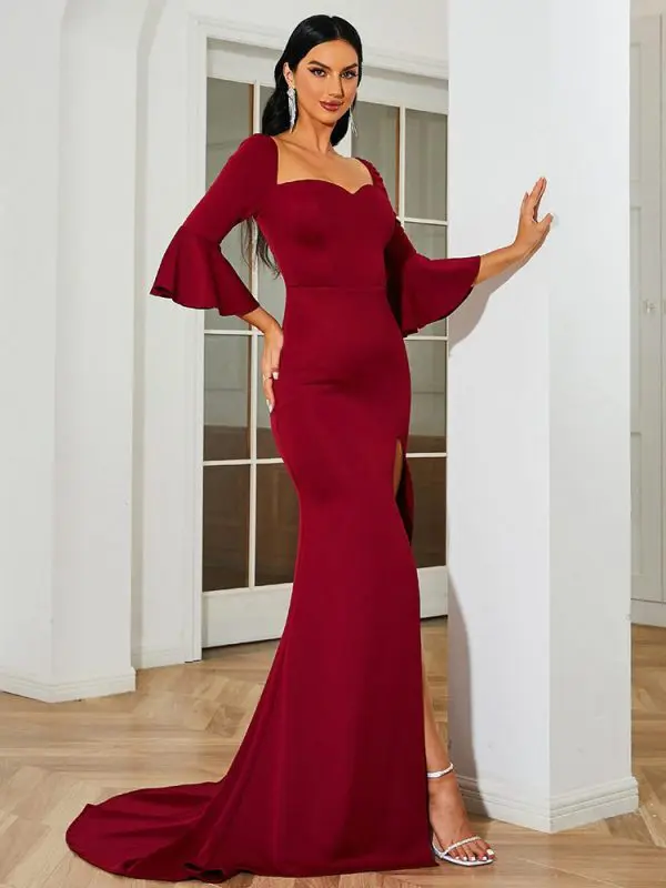 Three Quarter Sleeve Elegant Slim Fit Long Cocktail Evening Dress in Evening Dresses