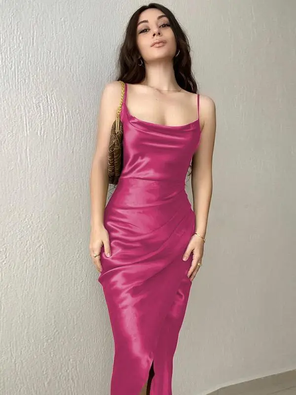 Sexy Low Cut Satin Split Sling Backless Maxi Dress in Dresses