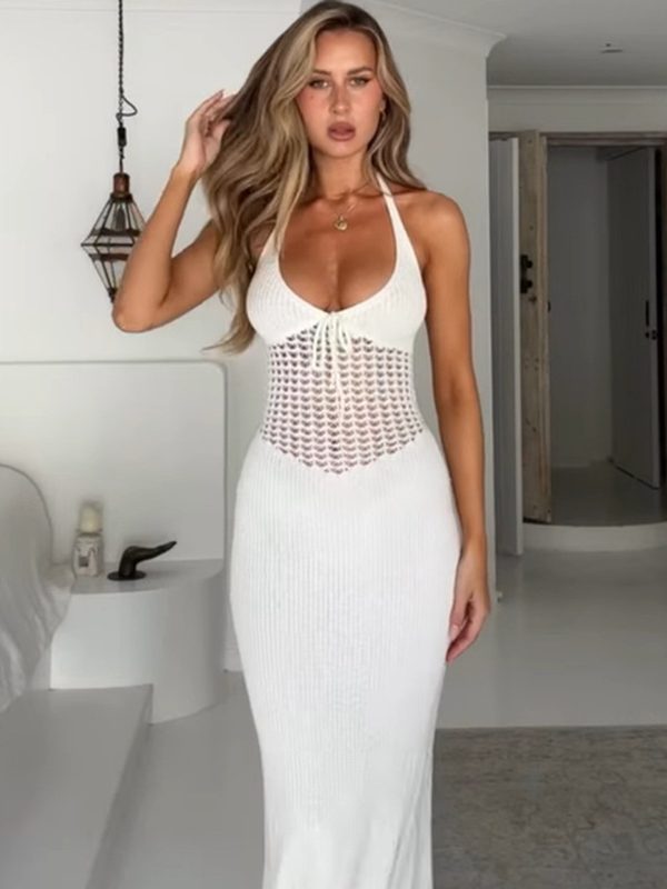Halter Sexy Backless Knitted Hollow Out Cutout Out See Through Dress in Dresses