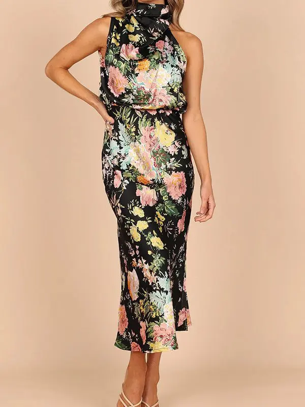 Elegant Sleeveless Halter Printed Satin Dress in Dresses