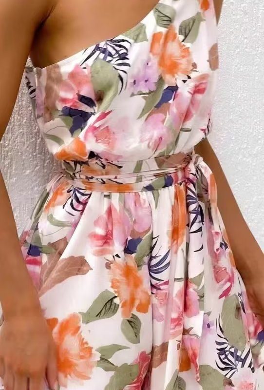 Floral Print Round Neck Backless Tiered Dress in Dresses