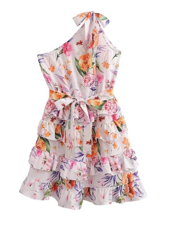 Floral Print Round Neck Backless Tiered Dress in Dresses