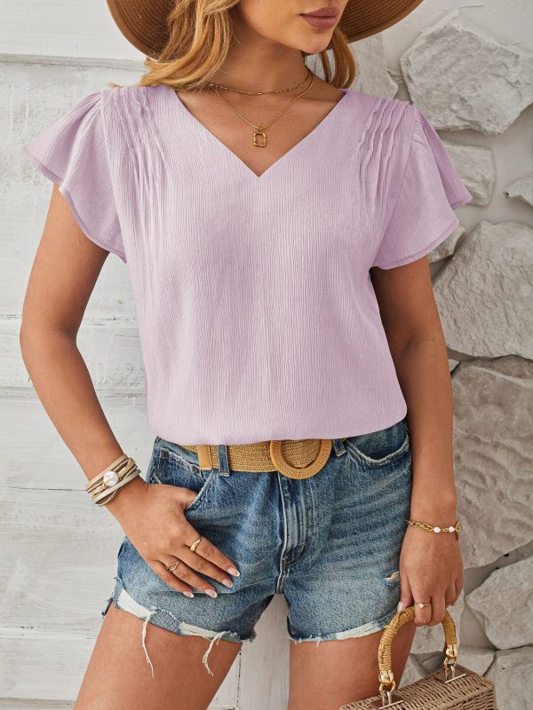 V Neck Fabric Petal Sleeve Loose Blouse in Blouses & Shirts