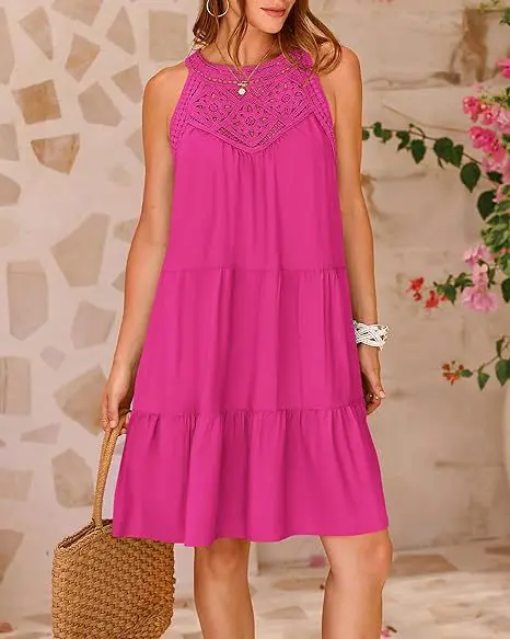Hollow Out Cutout Lace Stitching Halter A Line Dress in Dresses