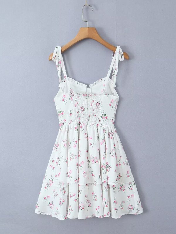 White Floral Strap Puffy Dress in Dresses