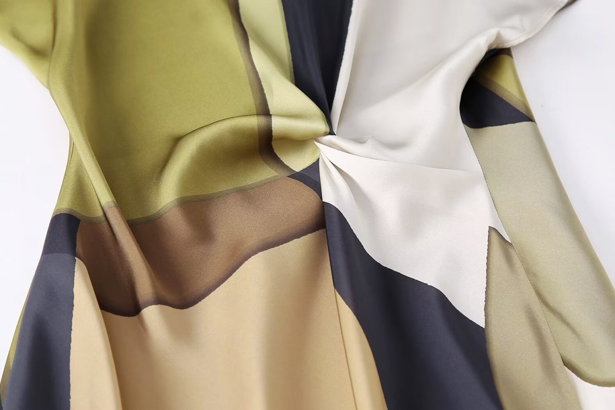 Silk Satin Texture Printed Midi Dress in Dresses