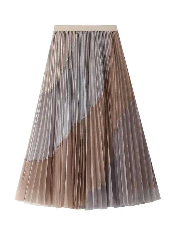 Stitching Pleated Mesh Skirt in Skirts