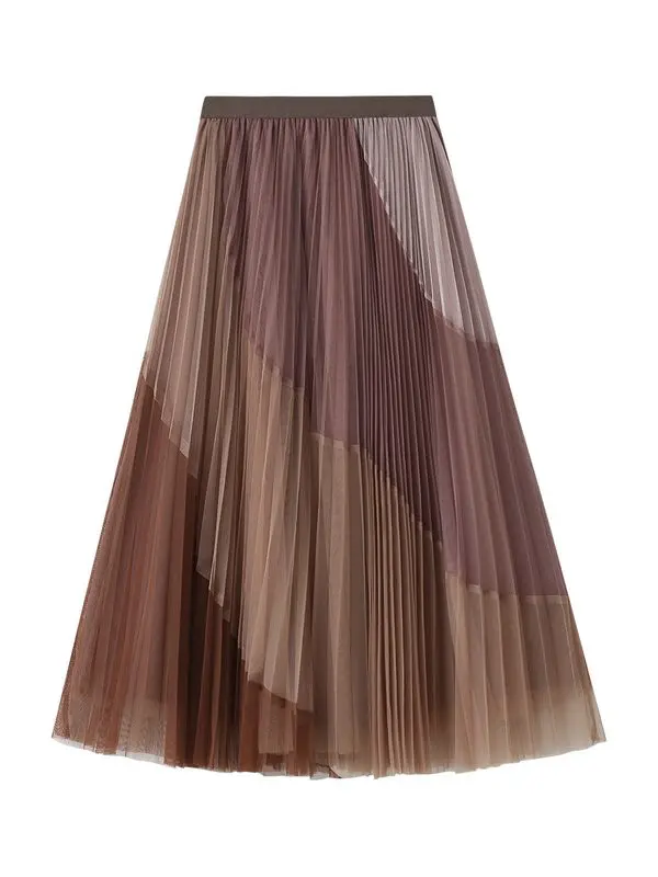 Stitching Pleated Mesh Skirt in Skirts