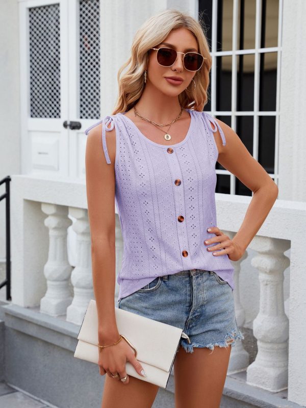 Round Neck Button Drawstring Loose Vest Top in T-shirts & Tops