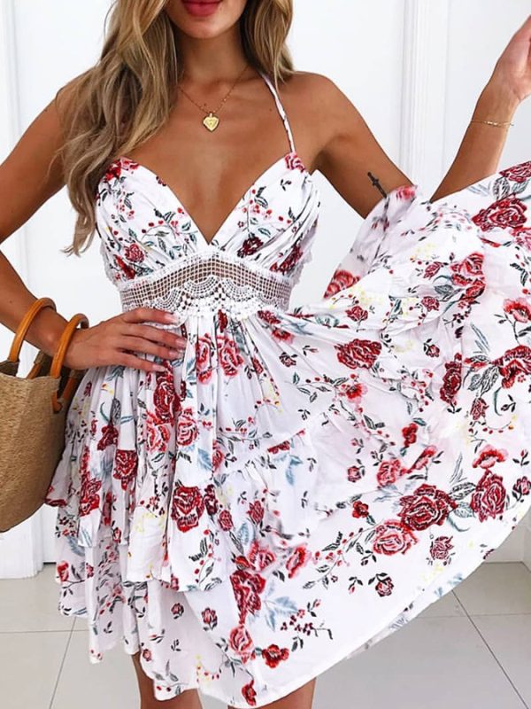 Sexy Backless Waist Lace Floral Print Dress in Dresses